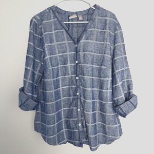 Chicos Linen Blend Shirt Size 2 Lg Roll Tab Sleeve Button Up Blue Chambray Check